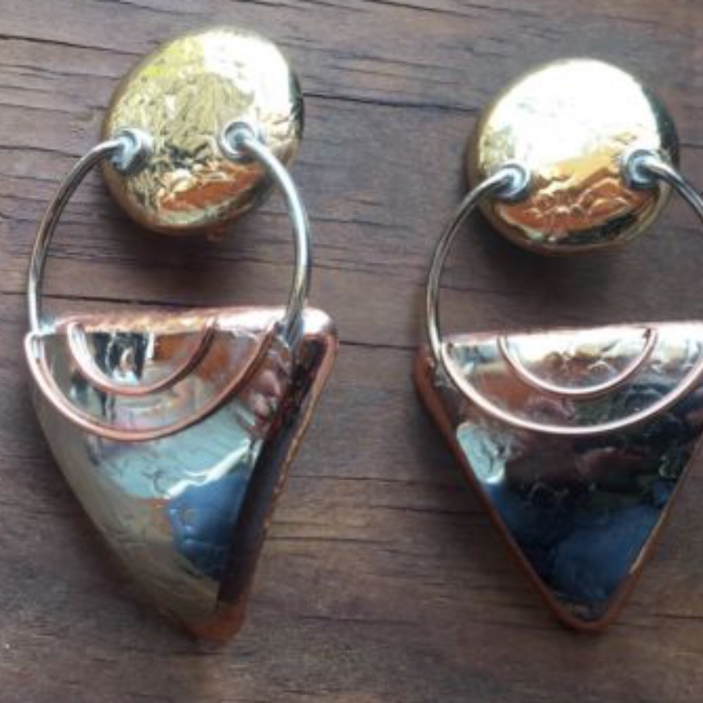 Handwrought Geometric 3 Tone Metal Clip On Earrings